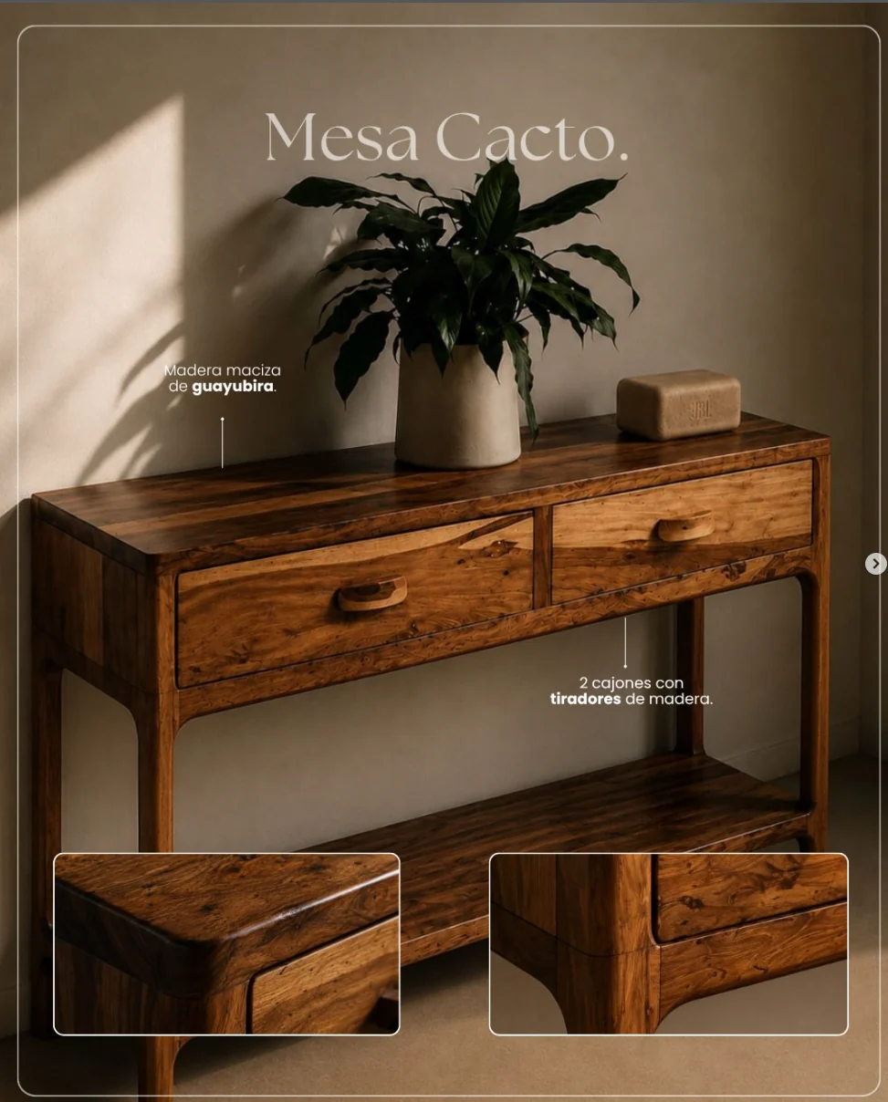 Consola de madera maciza con dos cajones y tiradores de madera, hecha a medida